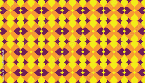 A vibrant seamless geometric pattern featuring overlapping petal-like shapes in bright yellow, orange, and deep purple. The repeating floral-inspired forms create a lively