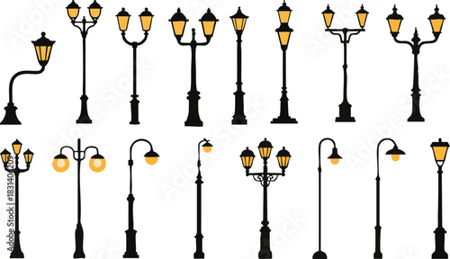 Set of streetlights black silhouette isolated on transparent background. Collection of modern and vintage streetlights. Elements for landscape construction. 