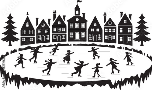 Charming black and white illustration of a quaint european town with people ice skating on a frozen pond during winter