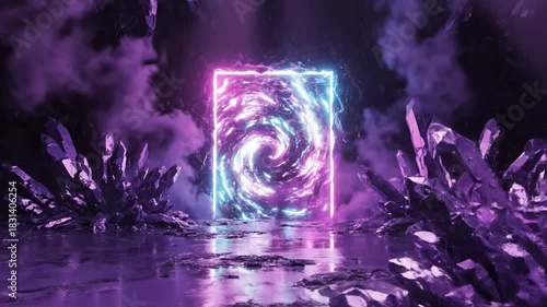 Wallpaper Mural Mystical purple crystal cave with glowing neon portal and swirling energy vortex in dark fantasy setting vector illustration Torontodigital.ca