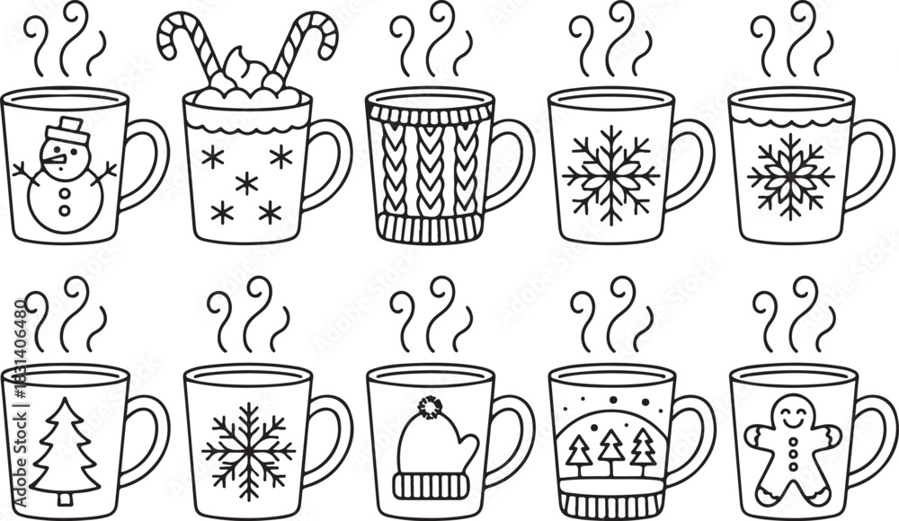 Obraz premium Charming hand drawn collection of hot beverages in festive mugs cozy winter drinks for seasonal designs silhouette