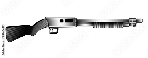 Hand drawn vector illustration of pump action shotgun firearm weapon vintage engraving style etching design hunting sport military combat