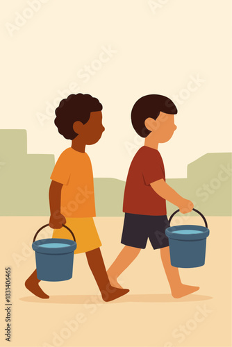 Street Children Collecting Water Vector