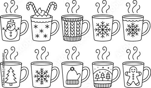 Charming hand drawn collection of hot beverages in festive mugs cozy winter drinks for seasonal designs silhouette