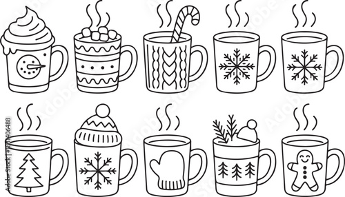 Charming hand drawn collection of hot beverages in festive mugs cozy winter drinks for seasonal designs silhouette