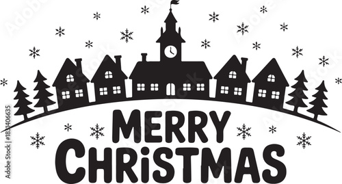 Charming silhouette of a snowy village with a clock tower and pine trees under falling snowflakes celebrating merry christmas