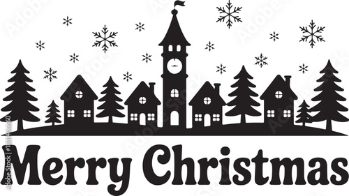 Charming silhouette of a snowy village with a clock tower and pine trees under falling snowflakes celebrating merry christmas