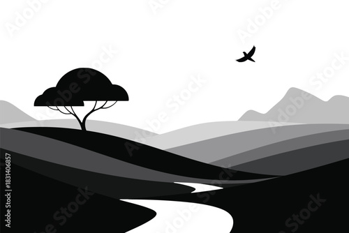 Black and white minimalist landscape with rolling hills a winding river and a bird in flight monochrome