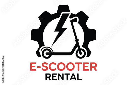 Black electric scooter silhouette inside a gear with lightning bolt and text E- S C O T E R E N T A L