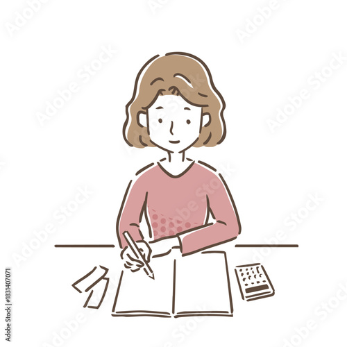 机に向かって手書きで家計簿をつけている若い女性