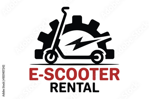 Black electric scooter silhouette within a gear with lightning bolt and text E- S C O T E R E N T A L