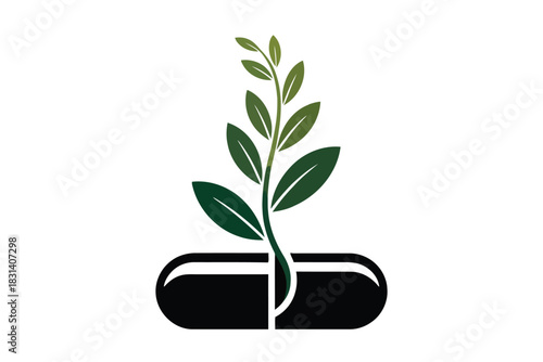 Black capsule with green plant growing from it on white background pill medicine