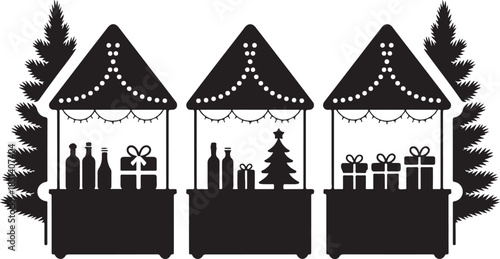 Christmas market stalls silhouette illustration with festive lights, gifts, christmas trees, and bottles, surrounded by pine trees, representing holiday shopping and seasonal celebrations