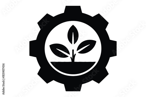 Black gear icon with white plant sprout growing from soil inside cogwheel seedling
