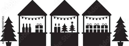 Christmas market stalls silhouette illustration with festive lights, gifts, christmas trees, and bottles, surrounded by pine trees, representing holiday shopping and seasonal celebrations