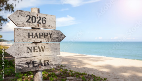 Happy New Year 2026 beach signpost greeting