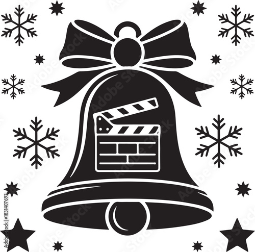 Christmas Movie Festive Bell Icon with Clapperboard, Winter Holiday Film Industry Greeting and Starry Celebration Decor