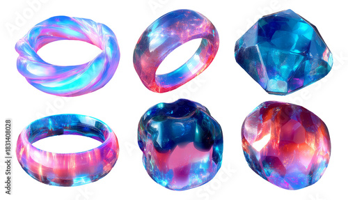 Colorful 3D Render of Various Gemstone-Like Rings with Holographic Effects