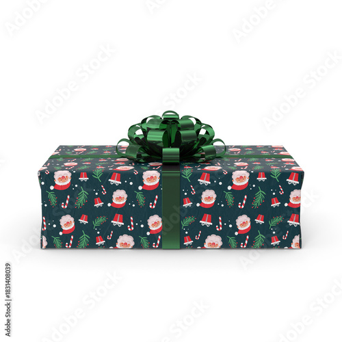 Christmas present with santa pattern and green bow, holiday gift