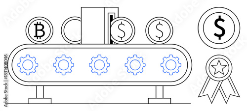 Conveyor belt processing coins labeled with dollar and cryptocurrency symbols, surrounded by gears and an award symbol. Ideal for concepts of finance, technology, blockchain, automation