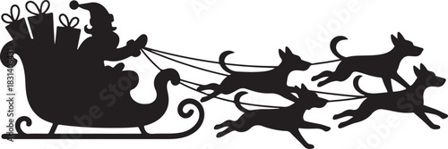 Classic black silhouette of santa claus riding in a sleigh pulled by a team of dogs across a white background silhouette