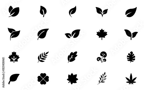 Leaf Icon Set, Green Tree and Plant Leaves for Eco, Bio, and Vegan Label Design Vector Illustration