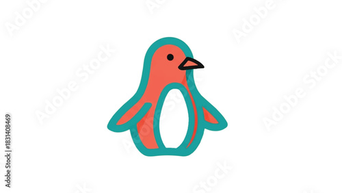 Cute cartoon penguin illustration with coral and teal colors.
