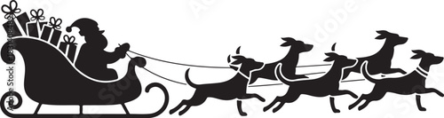 Classic black silhouette of santa claus riding in a sleigh pulled by a team of dogs across a white background silhouette