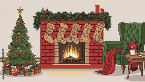 Cozy christmas scene with a decorated tree fireplace with stockings and armchair creating a warm and inviting holiday atmosphere indoors