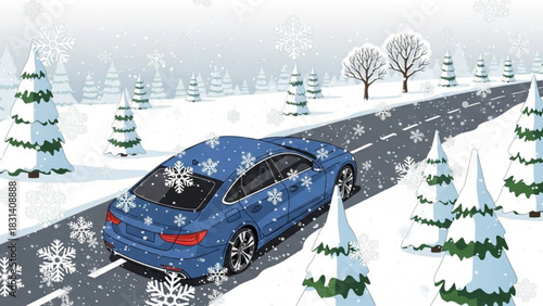 Blue car driving on a snowy road through a winter wonderland with snowcovered trees and falling snowflakes creating a serene and festive atmosphere