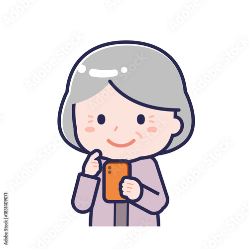 スマートフォンを使う「私服のシニア」の女性