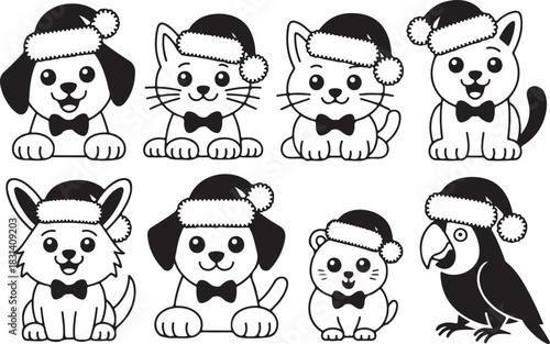 Cute Christmas tree ornaments shaped like pets including dog, cat, rabbit, hamster, and parrot wearing Santa hats and bow