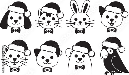 Cute Christmas tree ornaments shaped like pets including dog, cat, rabbit, hamster, and parrot wearing Santa hats and bow