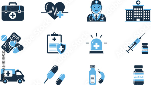 Medical icons, healthcare symbols, hospital building, ambulance, vaccine vial, pills, medicine bottle, doctor, emergency light, clipboard