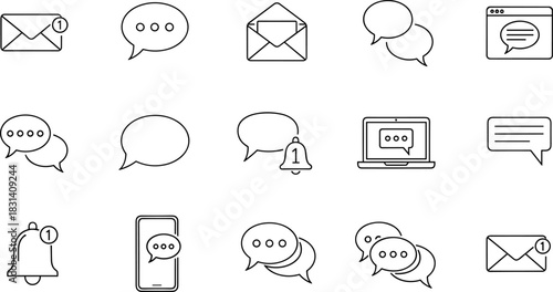 Messaging icons, communication symbols, speech bubble, notification bell, envelope, chat interface, mobile message, laptop