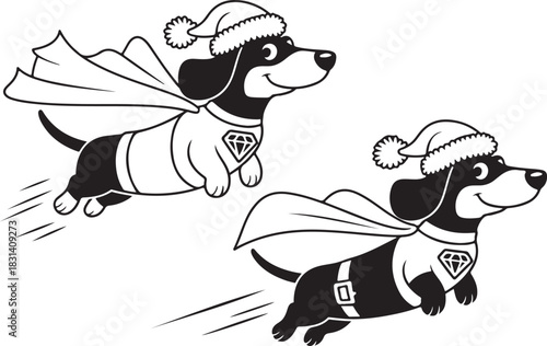 Dachshund Dog wear santa Claus Costumes Flying with a Cape. Christmas Holiday Clipart Line Art Vector Illustration Xmas. Wiener canine attire garb soar cloak