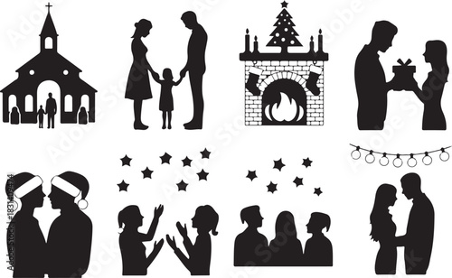 Elegant black and white silhouettes portraying diverse Christmas holiday activities, from church attendance to festive home decorations and family joy