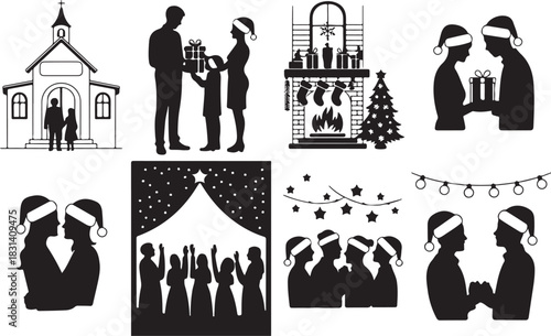 Elegant black and white silhouettes portraying diverse Christmas holiday activities, from church attendance to festive home decorations and family joy