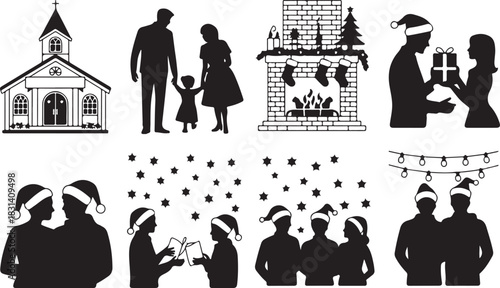 Elegant black and white silhouettes portraying diverse Christmas holiday activities, from church attendance to festive home decorations and family joy