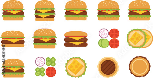 Vibrant flat design cartoon burgers and fresh ingredients collection.