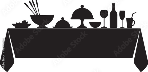 Festive Winter Dinner Table Vector Illustration – Elegant Christmas and New Year Celebration Feast Silhouette with Food, Drinks, and Decor, Holiday Party Dining Scene in Minimalist Style