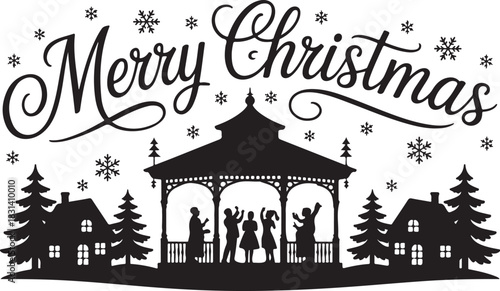 Festive merry christmas scene with a silhouetted gazebo and houses under falling snowflakes