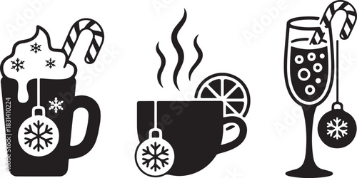 Flat vector illustration of Christmas ornaments shaped like mugs, teacups, and champagne glasses with festive drinks and candy