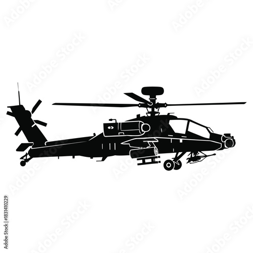 Black Silhouette of Military Attack Helicopter isolated on White Background.