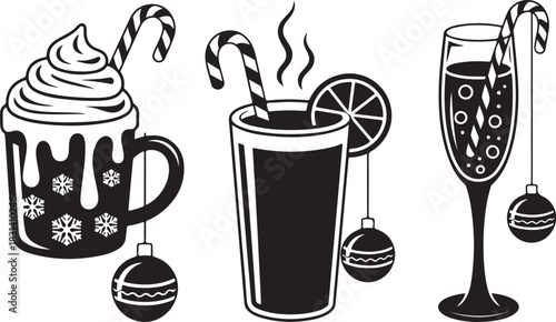 Flat vector illustration of Christmas ornaments shaped like mugs, teacups, and champagne glasses with festive drinks and candy