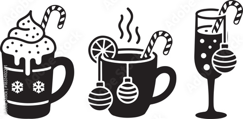 Flat vector illustration of Christmas ornaments shaped like mugs, teacups, and champagne glasses with festive drinks and candy