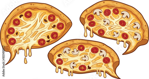 Delicious Cartoon Pizza Slices with Melted Cheese Tomatoes and Mushrooms.