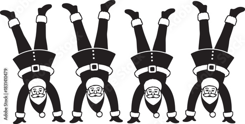 Four santa claus figures performing handstands in a row silhouette