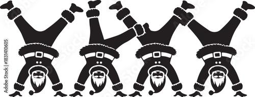 Four santa claus figures performing handstands in a row silhouette