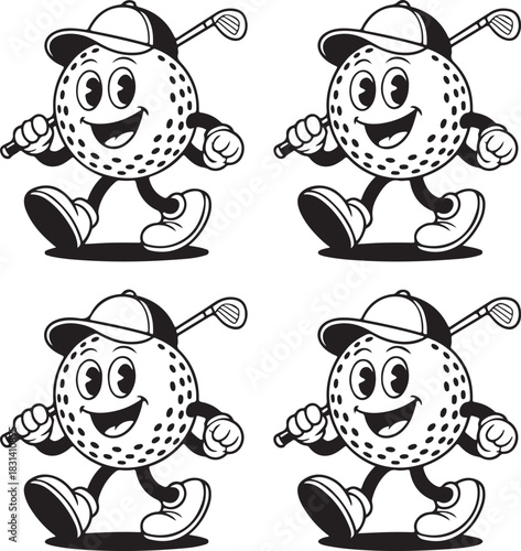 Happy golf ball character with golf club silhouette